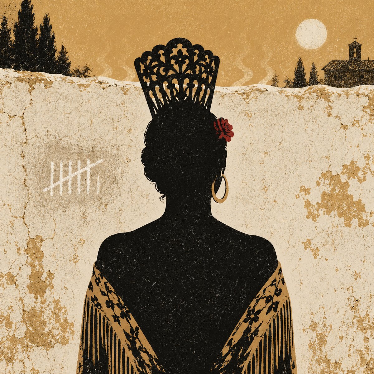 Cover of La Raya de la Tiza: a woman seen from behind, with a peineta and shawl, facing a wall with chalk marks